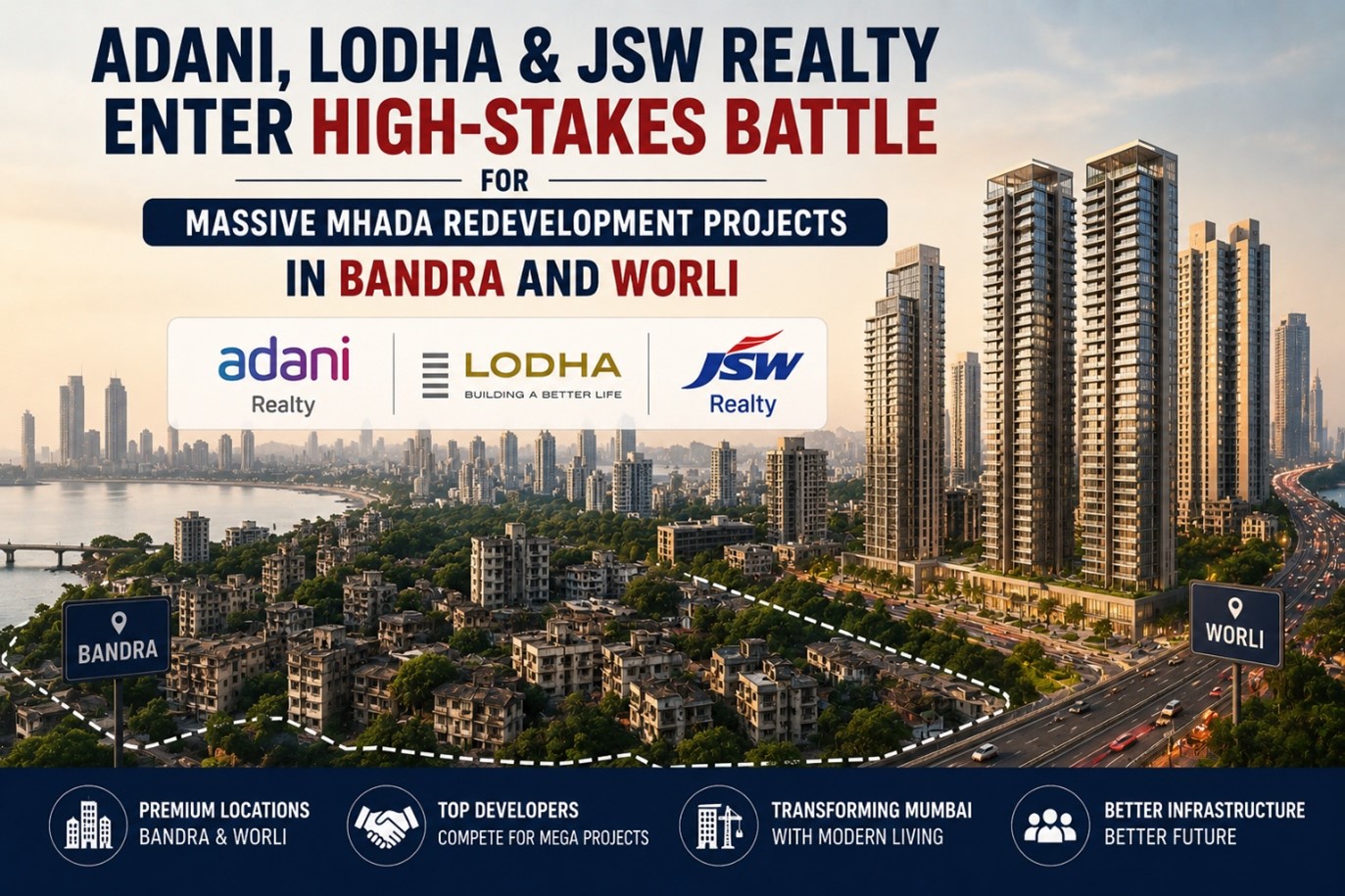 Adani, Lodha & JSW Realty Enter High-Stakes Battle for Massive MHADA Redevelopment Projects in Bandra and Worli