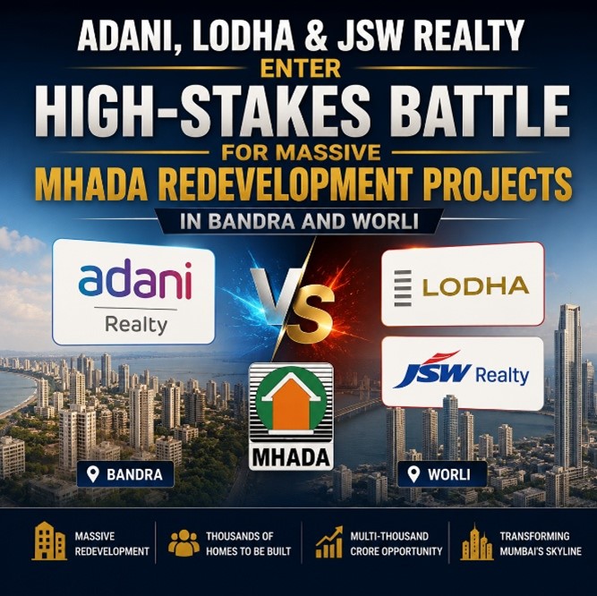 Adani, Lodha & JSW Realty Enter High-Stakes Battle for Massive MHADA Redevelopment Projects in Bandra and Worli