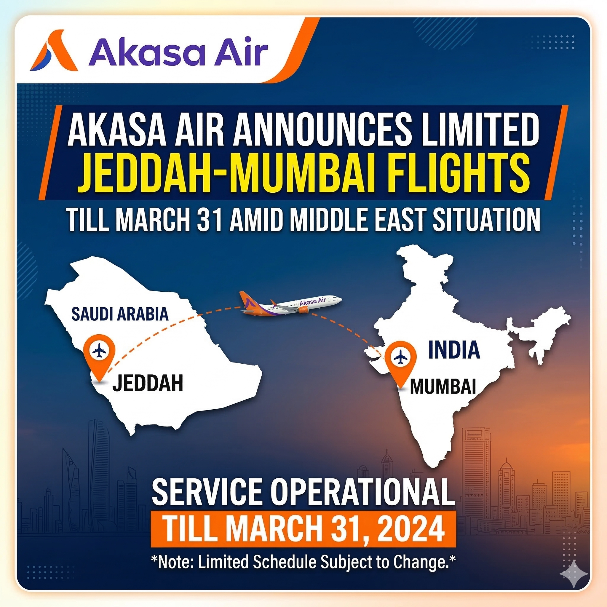 Akasa Air Announces Limited Jeddah–Mumbai Flights Till March 31 Amid Middle East Situation