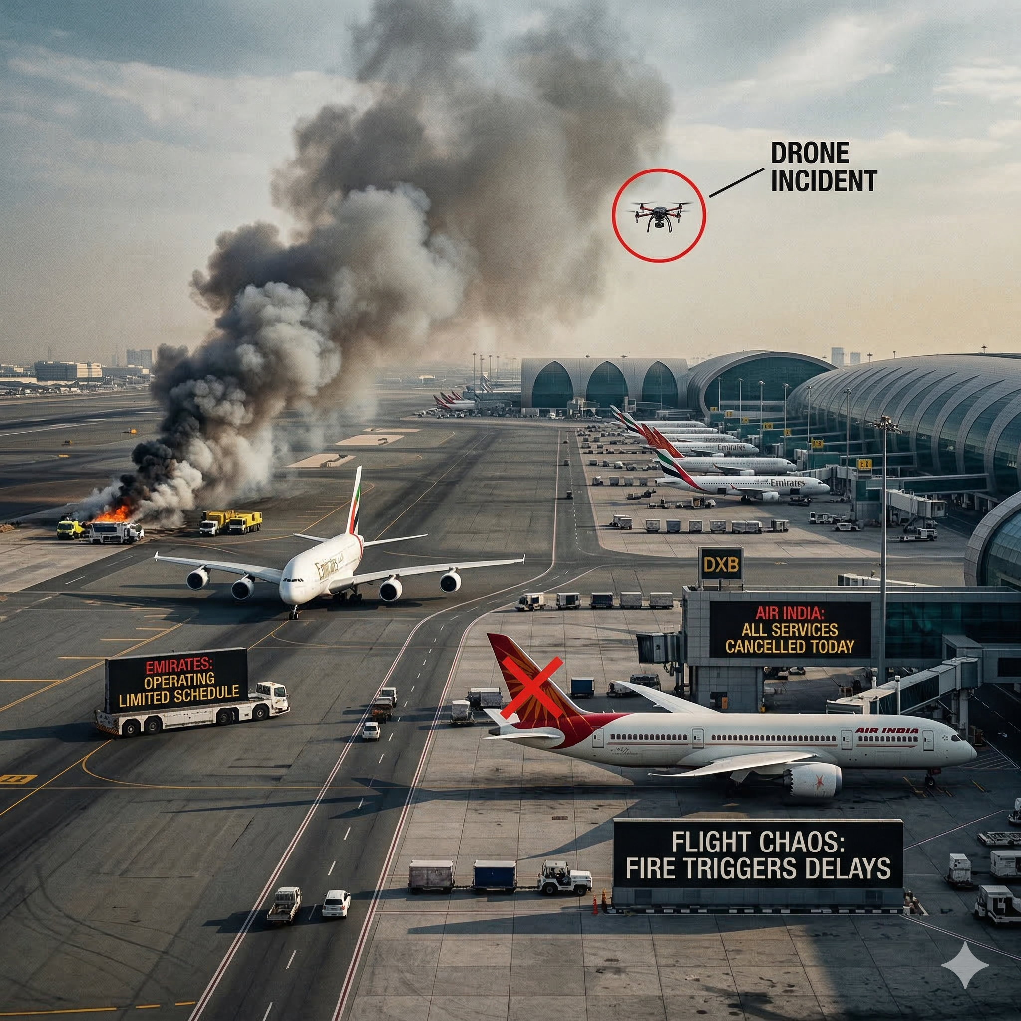 Dubai Airport Fire Triggers Flight Chaos: Air India Cancels Services, Emirates Runs Limited Schedule After Drone Incident